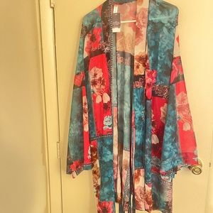 Colorful kimono with belt.